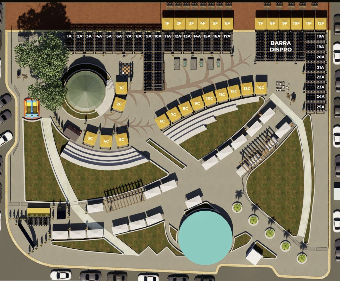 Plano de distribución de stands del Festival de Cerveza del Caribe 2027 en el Parque Fundadores, Puerto Morelos